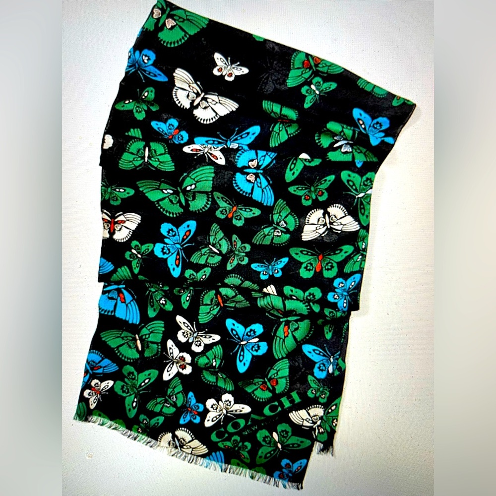 Coach Oblong Butterfly scarf NWT 100% Modal 77”x 25.5” Black, Green, Blue, Cream